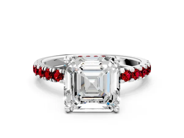 Asscher Cut Diamond Pave Band Solitaire Ring with Round Ruby and Prong Setting Platinum