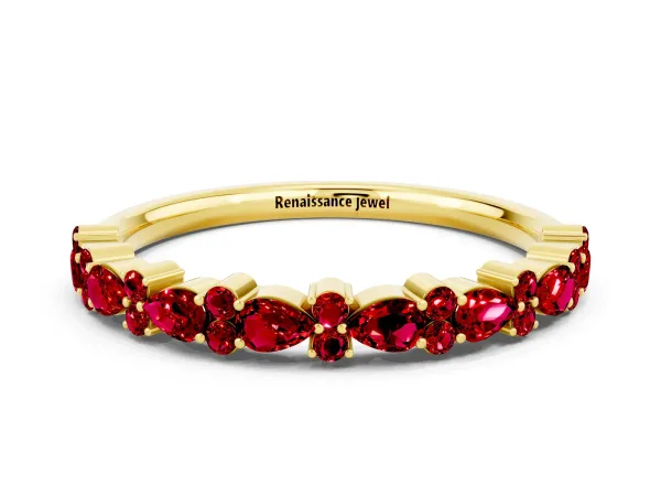 Pear and Round Ruby Wedding Band Yellow gold