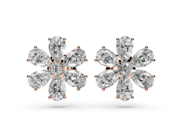 Pear Cut Diamond Floral Cluster Stud Earrings Rose gold