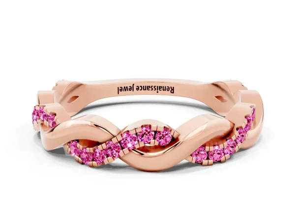 Pavé Round Pink Sapphire Twist Eternity Band with Shared Prong Setting Rose gold