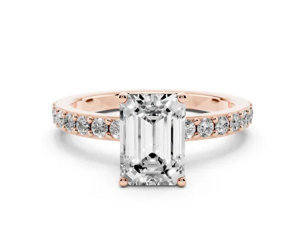 Emerald Cut Cut Diamond Solitaire with Pave Band and Four-Prong Setting Rose gold
