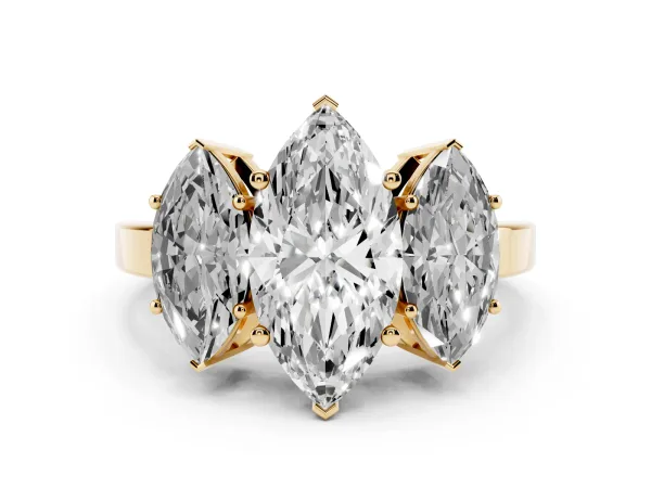 Three-Stone Marquise Cut Cut Diamond Engagement Ring with Flat Band and Four-Prong Setting Yellow gold