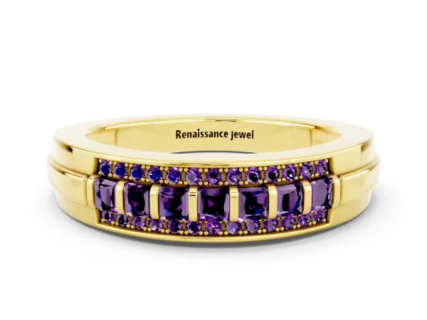Bar-Set Princess Cut Amethyst Pavé Band Yellow gold