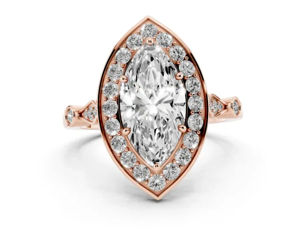Marquise Cut Halo Diamond Engagement Ring with Twisted Band and Four-Prong Setting Rose gold