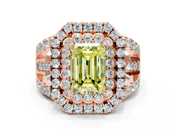 Fancy Yellow Emerald Cut Diamond Double Halo Ring with Round Pavé Split Shank and Prong Setting Rose gold