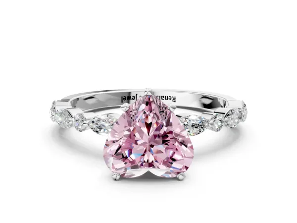 Fancy Pink Heart Cut Diamond Ring with Marquise and Round Side Stones and Four-Prong Setting White gold