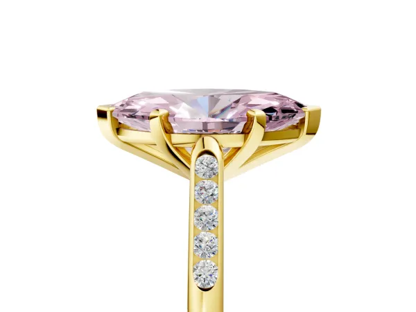 Fancy Pink Marquise Cut Diamond Solitaire Ring with Channel Set Round Band and Prong Setting Yellow gold