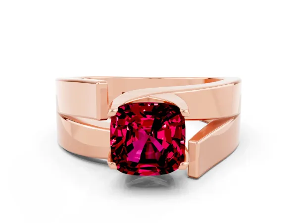 Modern Tension Set Cushion Cut Garnet Solitaire Wide Band Ring Rose gold