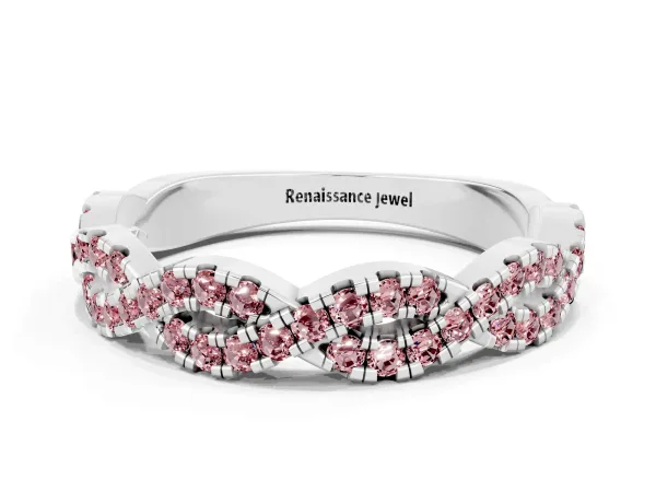 Round Morganite Twisted Eternity Band with Pavé and Shared Prong Setting Platinum