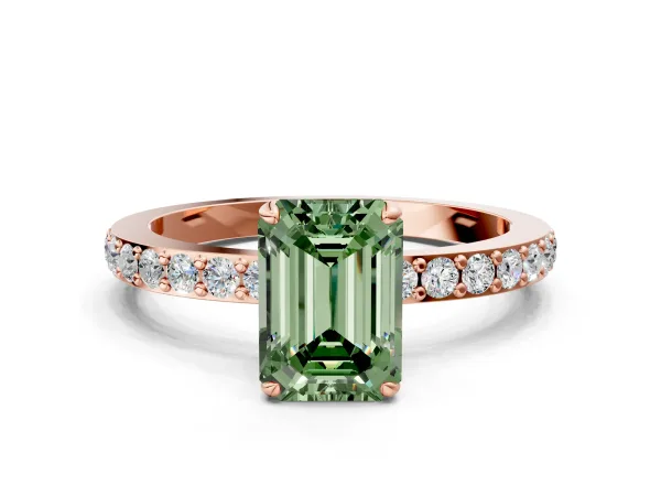 Fancy Green Emerald Cut Diamond Solitaire Engagement Ring with Pavé Band and Four-Prong Setting Rose gold