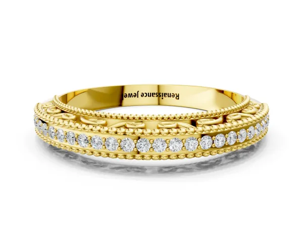 Round Diamond Pavé Milgrain White Gold Eternity Band Yellow gold