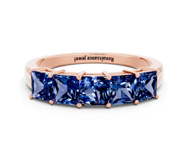 Princess Cut Five-Stone Blue Sapphire Band with Prong Setting Rose gold
