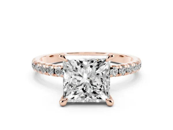 Princess Cut Diamond Brilliant Solitaire Ring with Pavé Band and Four-Prong Setting Rose gold