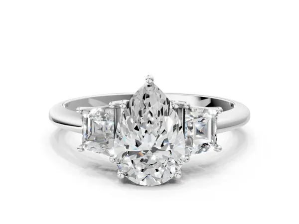 Pear Cut Diamond Three-Stone Ring with Trapezoid Side Stones and Prong Setting Platinum