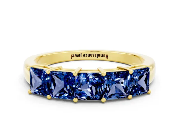Princess Cut Five-Stone Blue Sapphire Band with Prong Setting Yellow gold