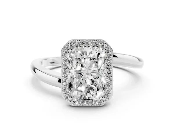 Radiant Cut Cut Halo Solitaire Ring with Channel Band and Four-Prong Setting White gold