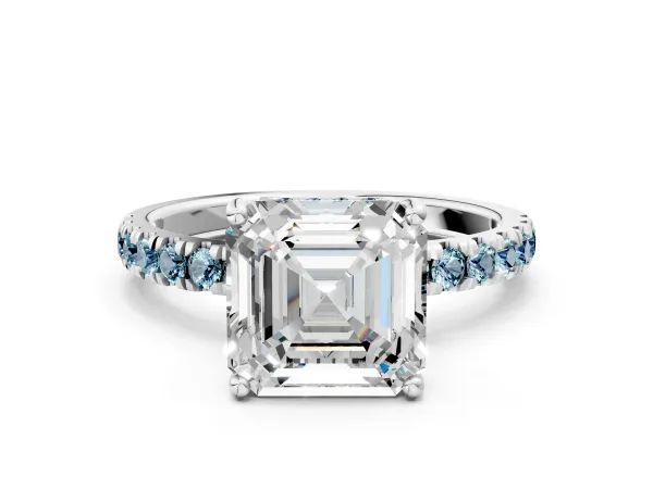 Asscher Cut Diamond Pave Band Solitaire Ring with Round Aquamarine and Prong Setting Platinum