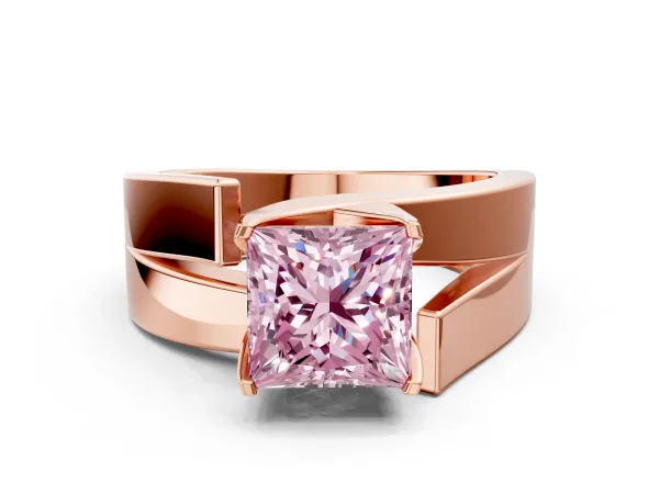 Fancy Pink Modern Tension Set Princess Cut Diamond Solitaire Wide Band Ring Rose gold