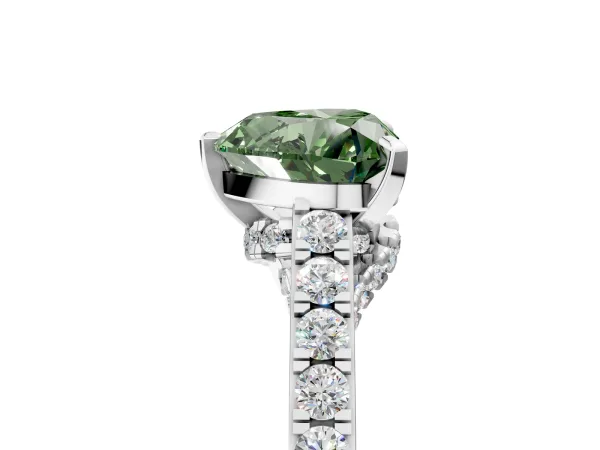 Fancy Green Heart Cut Diamond Solitaire Ring with Crossover Gallery and Round Pavé Band Silver