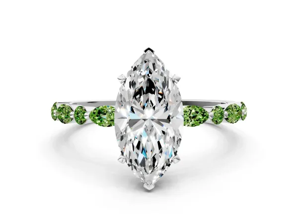 Marquise Cut Diamond Ring with Marquise and Round Peridot Side Stones and Four-Prong Setting White gold