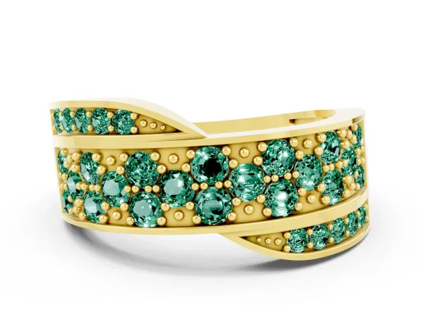 Pavé Round Green Sapphire Crossover Band with Bead Prong Setting Yellow gold