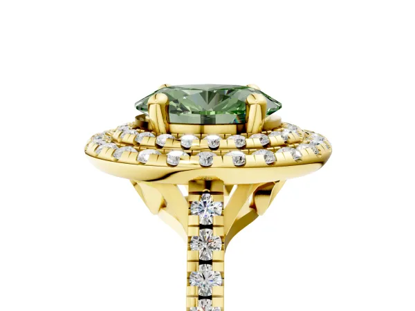 Fancy Green Double Halo Oval Cut Diamond Pavé Band with Four-Prong Setting Yellow gold