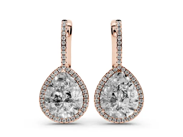 Pear Diamond Halo Leverback Drop Earrings with Round Diamond Accents Rose gold