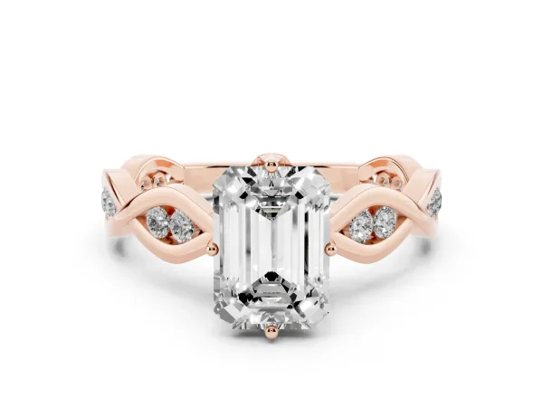 Emerald Cut Solitaire Twist Band with Leaf Prong Setting Rose gold