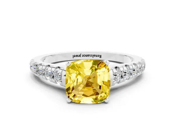 Cushion Cut Yellow Sapphire Cathedral Solitaire Ring with Round Pavé Band Platinum