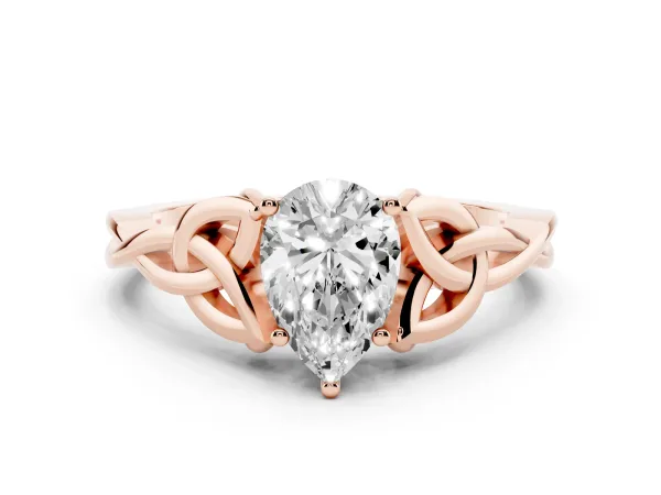 Pear Cut Diamond Solitaire Engagement Ring with Celtic Knot Band and Four-Prong Setting Rose gold