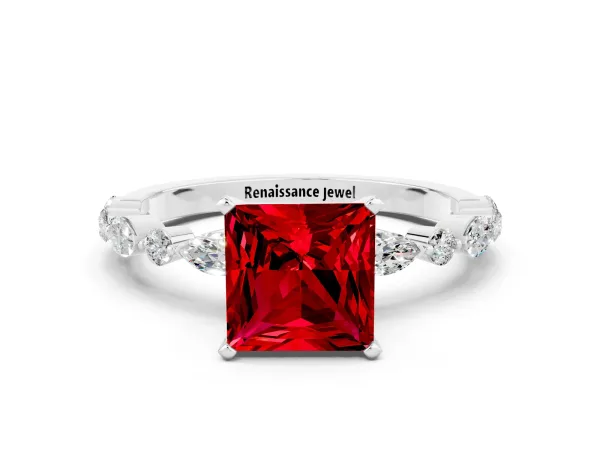 Princess Cut Ruby Ring with Marquise and Round Side Stones and Four-Prong Setting Platinum