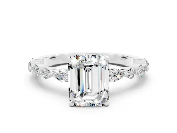 Emerald Cut Moissanite Ring with Marquise and Round Side Stones and Four-Prong Setting White gold