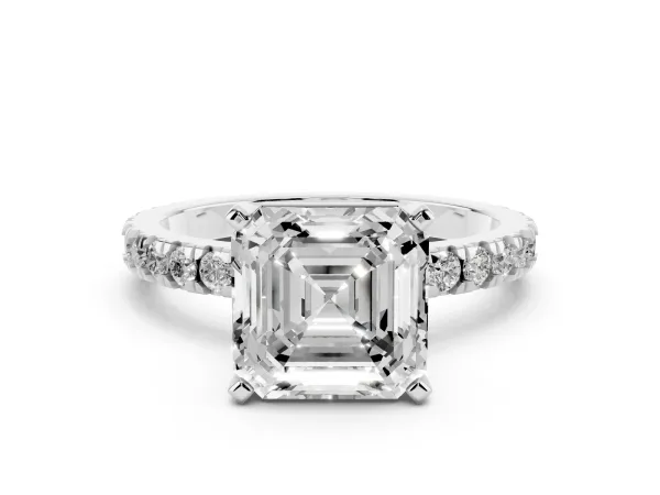 Asscher Cut Diamond Pavé Band Solitaire with Four-Prong Setting Platinum