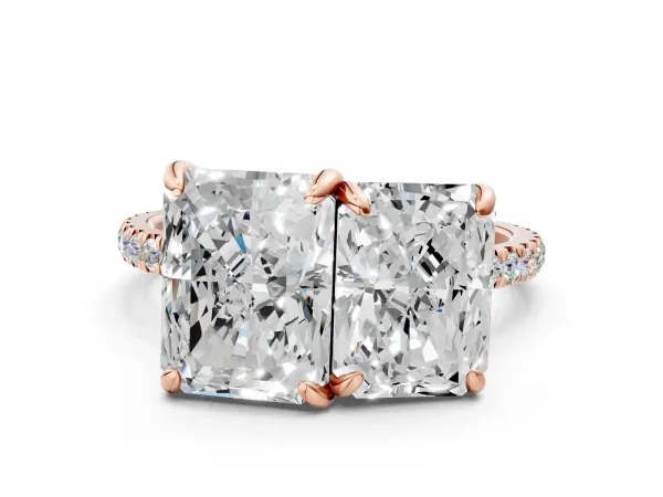 Emerald and Radiant Toi Moi Ring with Prong Setting and Pave Band Rose gold