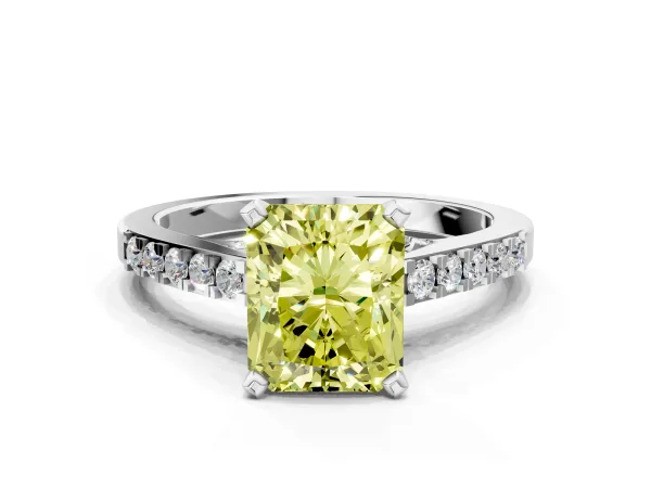 Fancy Yellow Radiant Cut Diamond Solitaire Ring with Crossover Gallery and Round Pavé Band Platinum