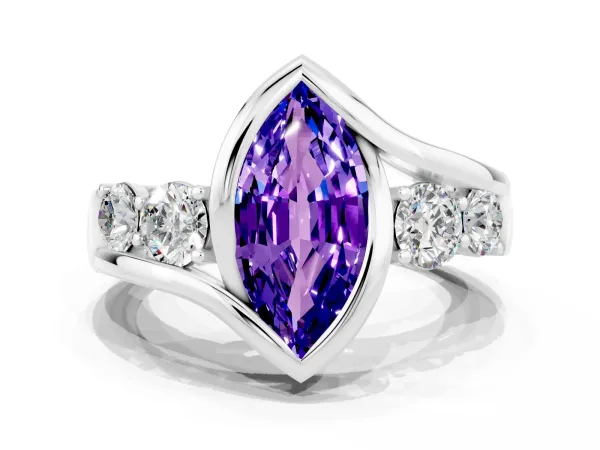 Bezel Set Marquise Cut Tanzanite Bypass Ring with Round Accents Platinum