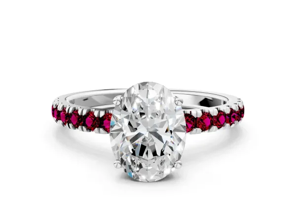 Oval Cut Diamond Pave Band Solitaire Ring with Round Garnet and Prong Setting White gold