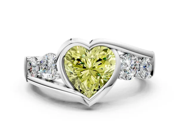 Fancy Yellow Bezel Set Heart Cut Diamond Bypass Ring with Round Accents Silver