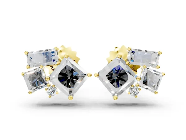 Baguette and Princess Diamond Mosaic Abstract Stud Earrings Yellow gold