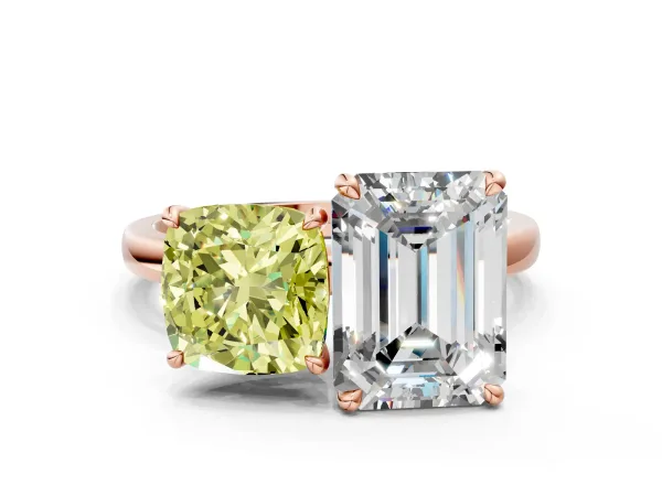 Fancy Yellow Cushion Cut and Emerald Cut Toi Moi Ring with Prong Setting Rose gold