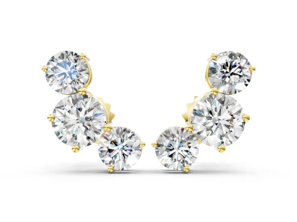 Round Cut Diamond Graduated Three-Stone Stud Earrings Yellow gold