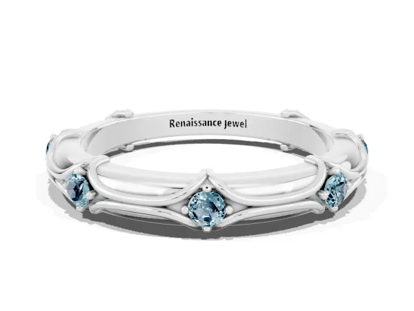 Round Aquamarine Prong Set Milgrain Eternity Band Platinum