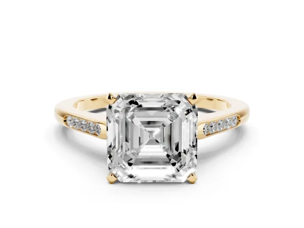Asscher Cut Diamond Solitaire Ring with Channel Set Round Band and Prong Setting Yellow gold