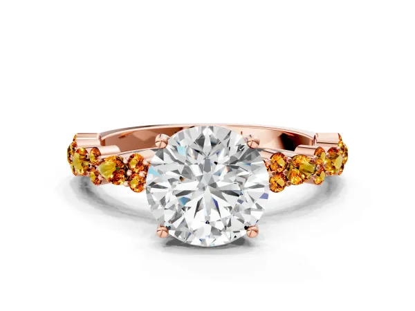 Round Cut Diamond Side Stone Solitaire Ring with Round Citrine and Four-Prong Setting Rose gold