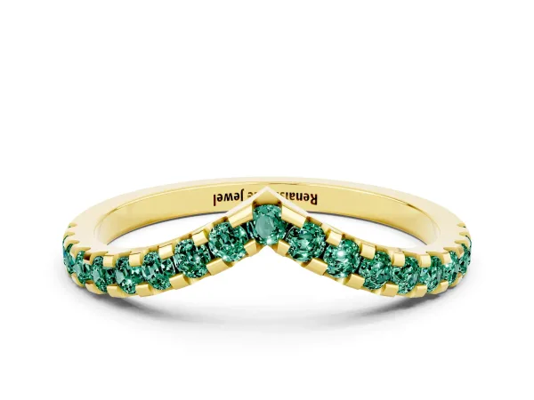 Pavé Round Green Sapphire Chevron Band with Shared Prong Setting Yellow gold