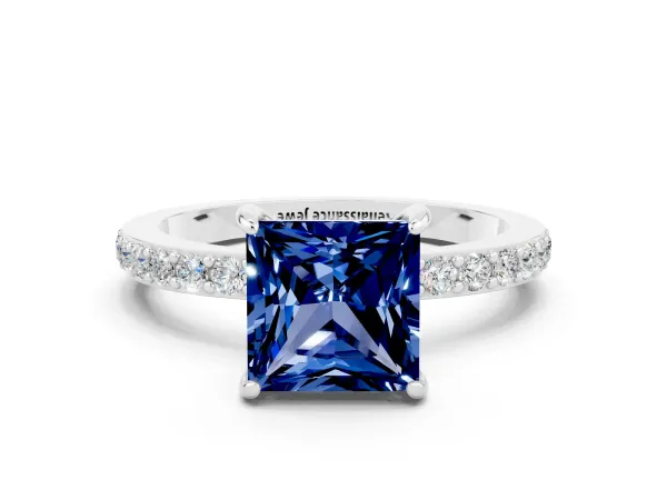 Princess Cut Blue Sapphire Solitaire Engagement Ring with Pavé Band and Four-Prong Setting Platinum