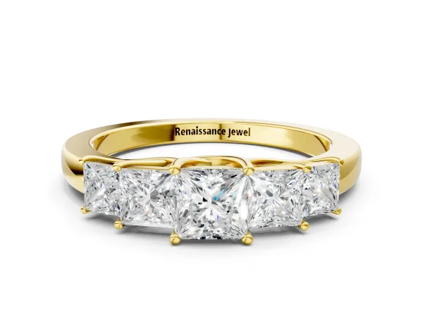 Princess Cut Five-Stone Diamond Ring with Classic Prong Setting Yellow gold