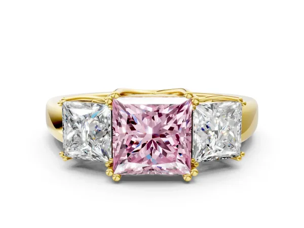 Fancy Pink Three-Stone Princess Cut Cut Diamond Ring with Channel Set Band and Four-Prong Setting Yellow gold