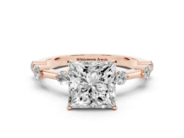 Princess Cut Solitaire Diamond Ring with Bezel Set Side Stones and Prong Setting Rose gold
