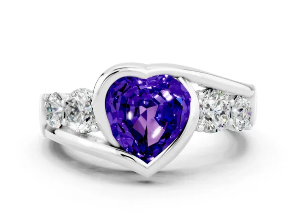 Bezel Set Heart Cut Tanzanite Bypass Ring with Round Accents Platinum